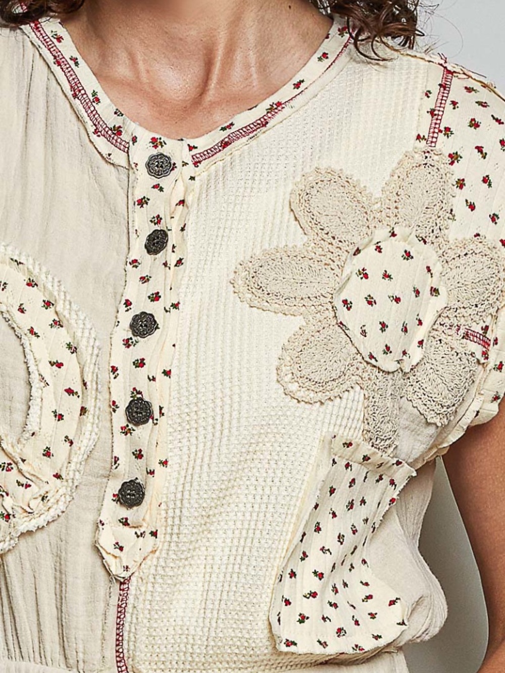 "The Claire" Cream Patchwork Flower Peace Sign Jumpsuit